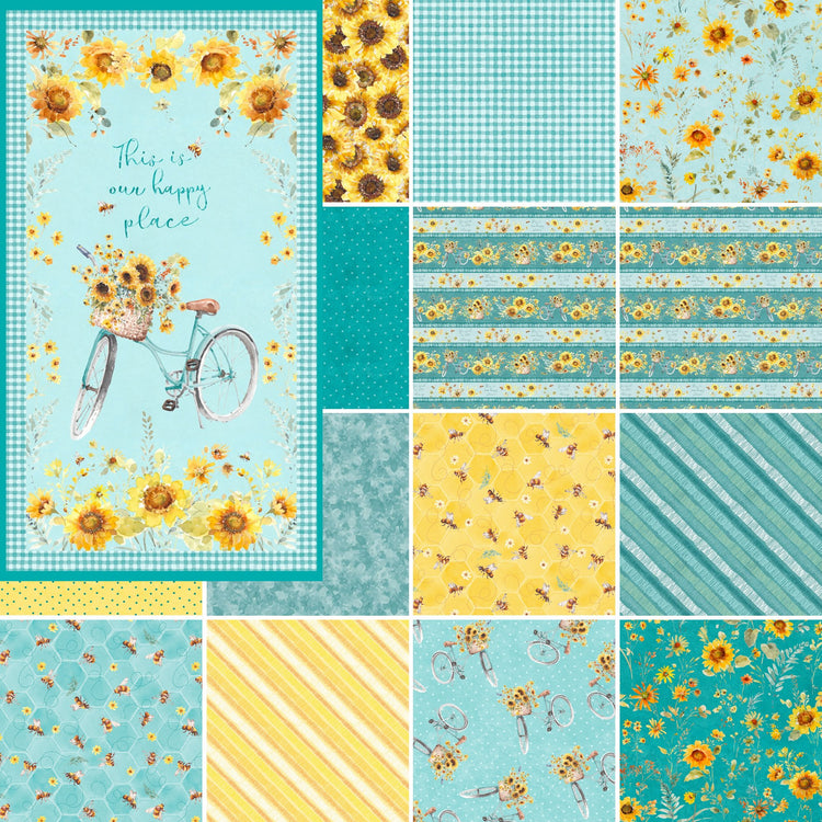 Sunflower Sweet Collection by wilmington Prints, Bicycle Panel with basket of sunflowers, teal and yellow floral fabrics