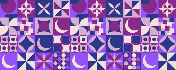 Geometric purple hues quilt design with moon and more
