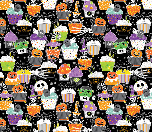 Halloween Treats on Black  -  Chills & Thrills Cupcake Cotton Fabric by the Yard