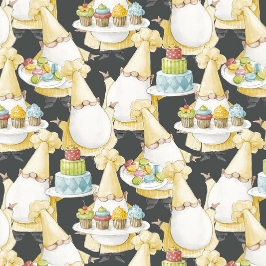 Sweet Little Pleasures Black Packed Gnomes Fabric by the Yard
