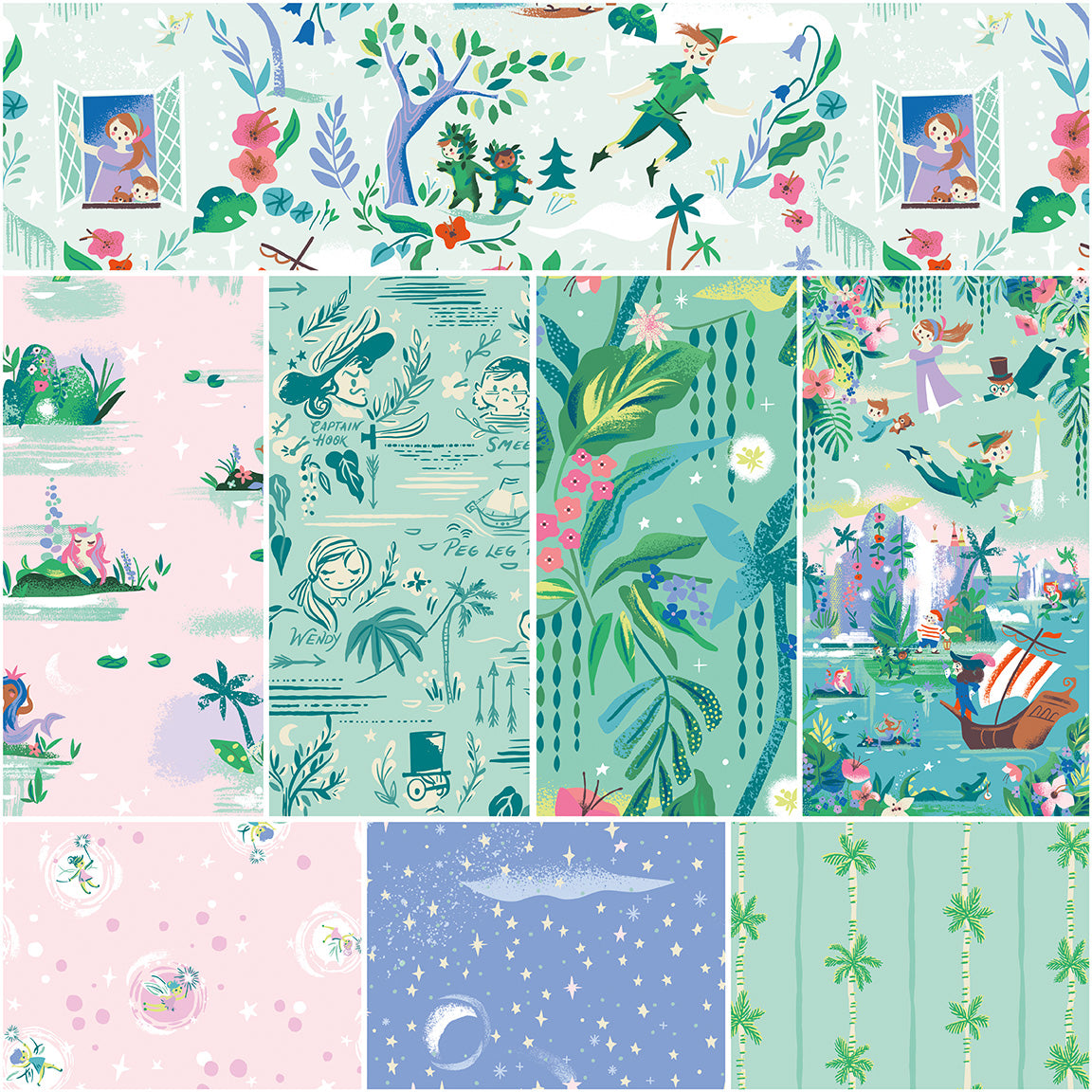 Forever Neverland Peter Pan Full Yard Bundle 8 pcs (Mist) with Neverland Panel by Jill Howarth