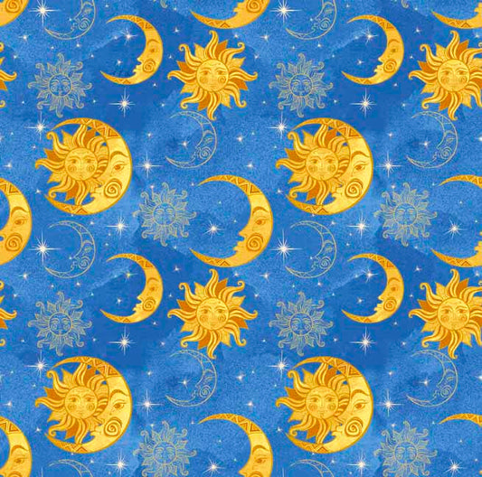 Sun & Moon in blues - Celestial Collection Cotton Fabric by the Yard