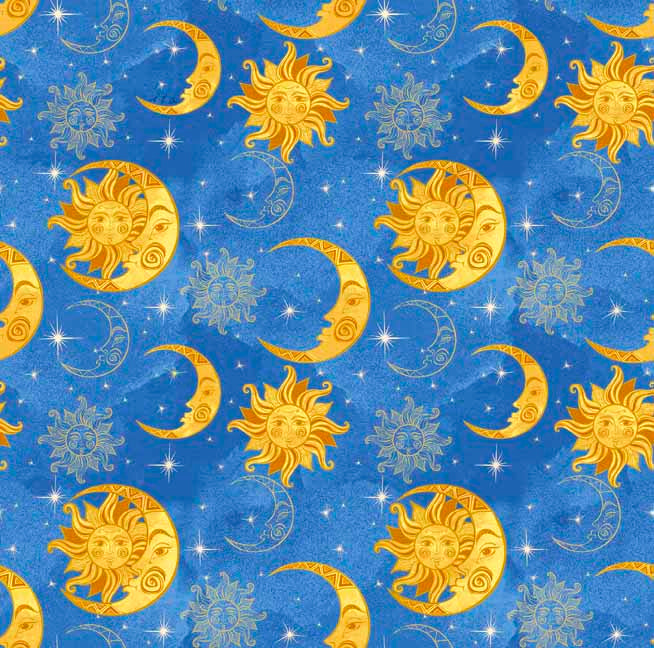 Sun & Moon in blues - Celestial Collection Cotton Fabric by the Yard