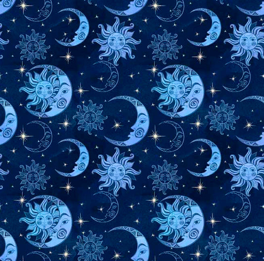 Sun & Moon in blues - Celestial Collection Cotton Fabric by the Yard