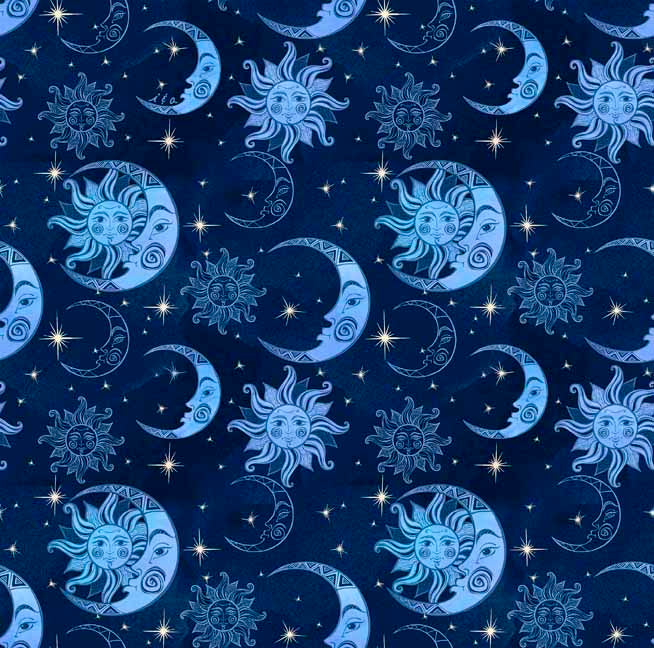 Sun & Moon in blues - Celestial Collection Cotton Fabric by the Yard
