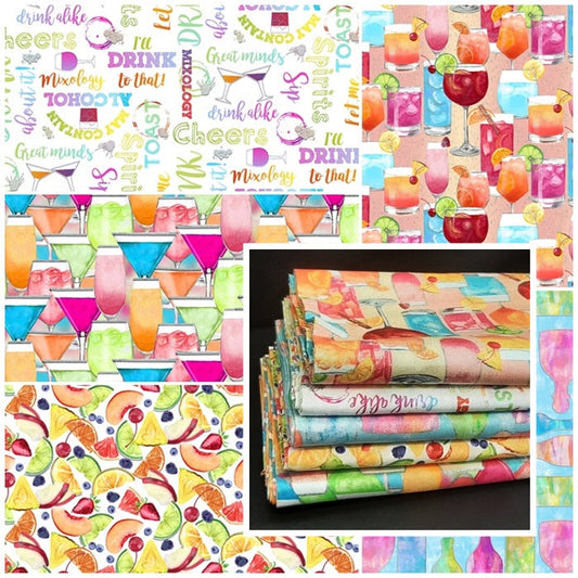 3 Wishes Fabric Bundle Mixology Cotton Fabric I'll Drink to that includes 5 cuts (1 yard each)