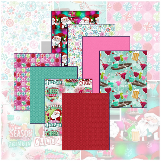 A set of five different patterns of cotton fabric with Christmas-themed designs including Santa Claus, snowflakes, and various festive elements.
