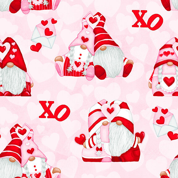 Gnomie Love Gnome Valentine's Day Fabric - XO on Pink - Cotton Fabric by the Yard (SKU 9787-22)