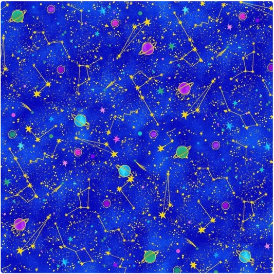 Cosmos Blue Space Galaxy Constellations Celestial Cotton Fabric
