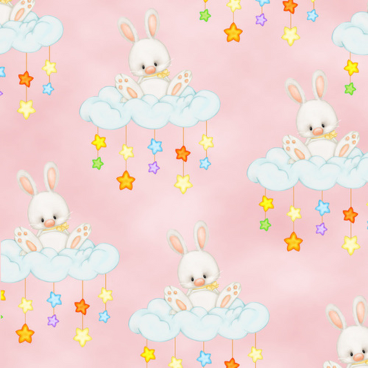 Sweet Bunnies on Clouds with Stars Comfy baby flannel fabric by the yard