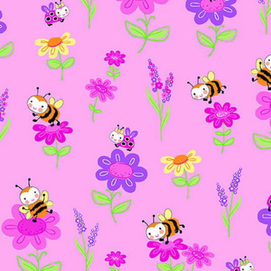 Flowers & bees on pink Comfy Flannel print baby flannel fabric by the yard