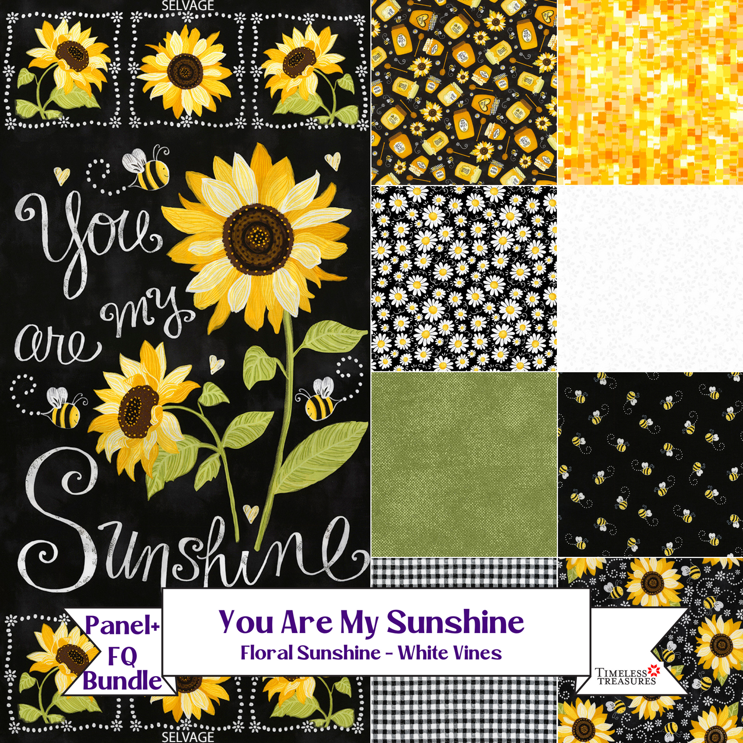 You are my Sunshine Fat Quarter Fabric bundle with Sunflower Cotton Panel - Floral Sunshine FQs