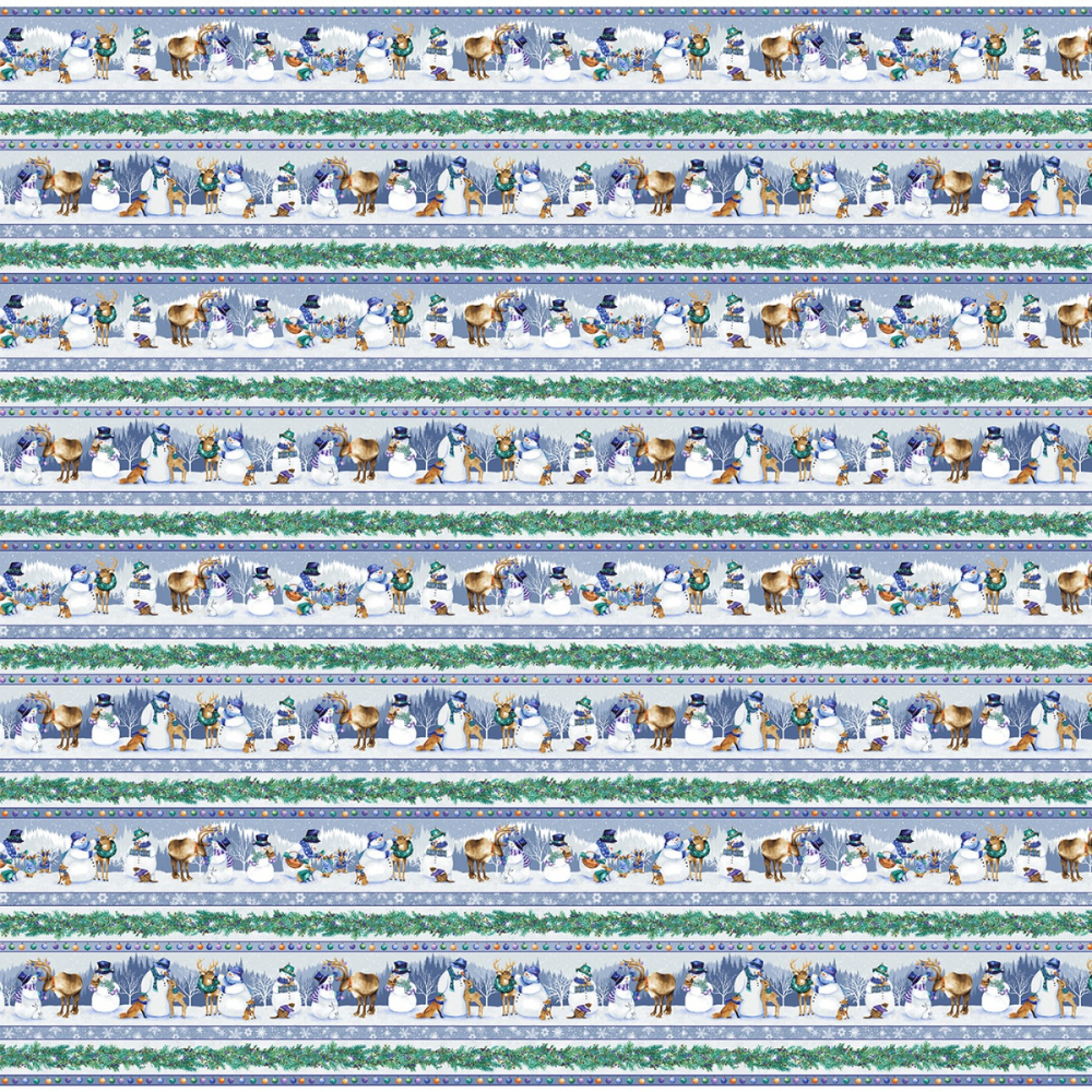 Flurry Friends Border Stripe Fabric Snowmen in jewel tone colors fabric by the yard