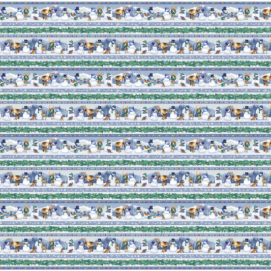 Flurry Friends Border Stripe Fabric Snowmen in jewel tone colors fabric by the yard