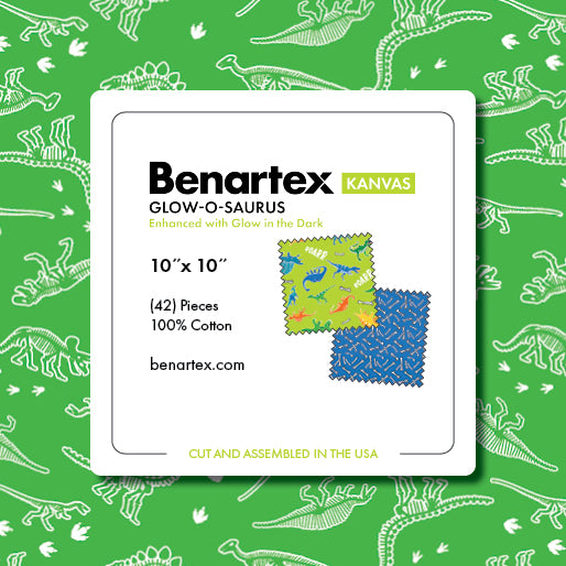 Glow-o-saurus 10 x 10 inch pre-cut quilt squares from Benartex, Dinosaurs Glow in the Dark Fabric