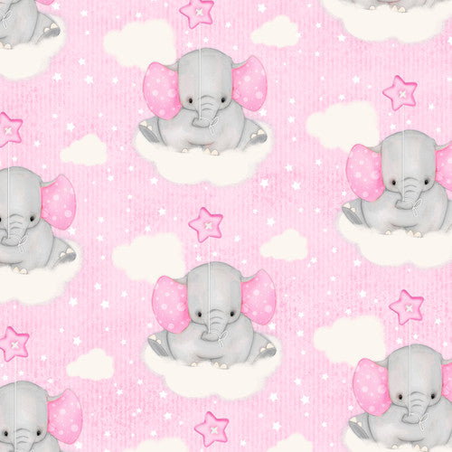 Pink & Grey Elephants on Clouds with Stars Comfy baby flannel fabric by the yard - PREORDER