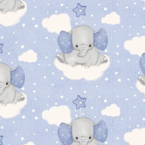 Blue Elephants on Clouds with Stars Comfy baby flannel fabric by the yard