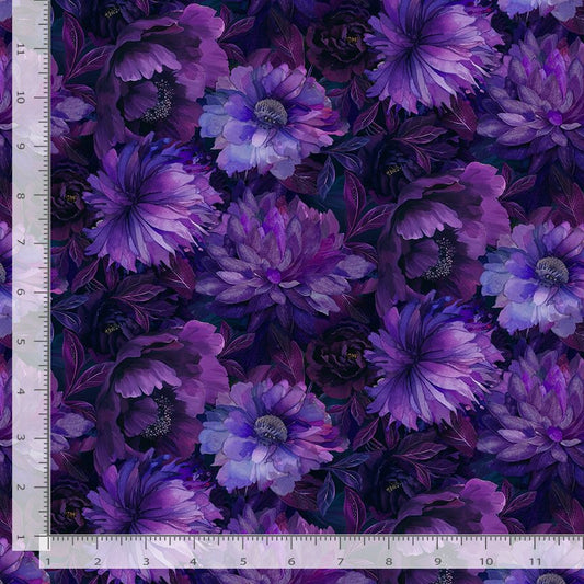 Floral pattern with purple and blue flowers on a dark background, with a ruler for scale.