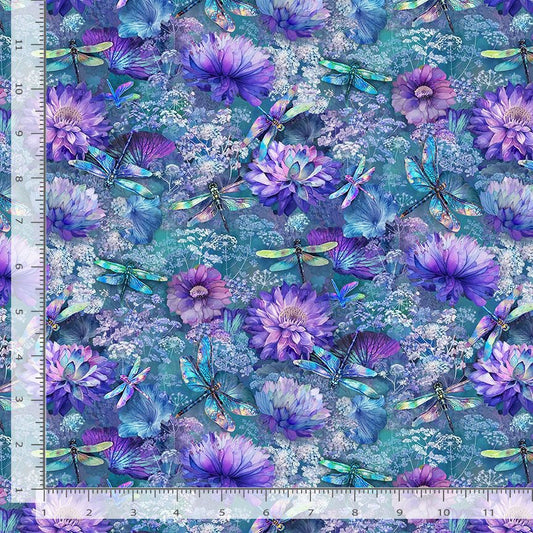 Dragonfly Mist – Flying Dragonflies & Floral Fabric | Timeless Treasures NATURE-CD3894-Multi