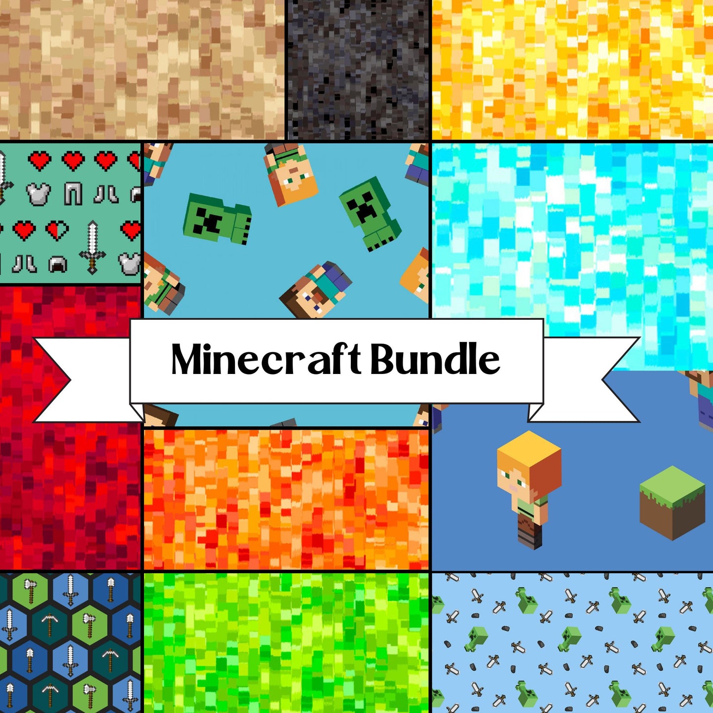 Ultimate Minecraft Fabric Bundle with Alex, Steve, Creepers and Pixel Fabrics