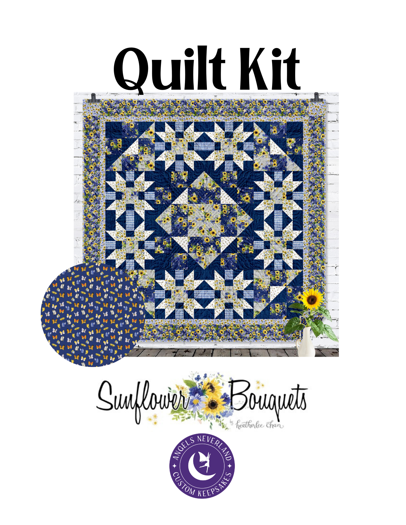 Sunflower Bouquets Rotating Stars QUILT KIT approximate finished size 88" x 88