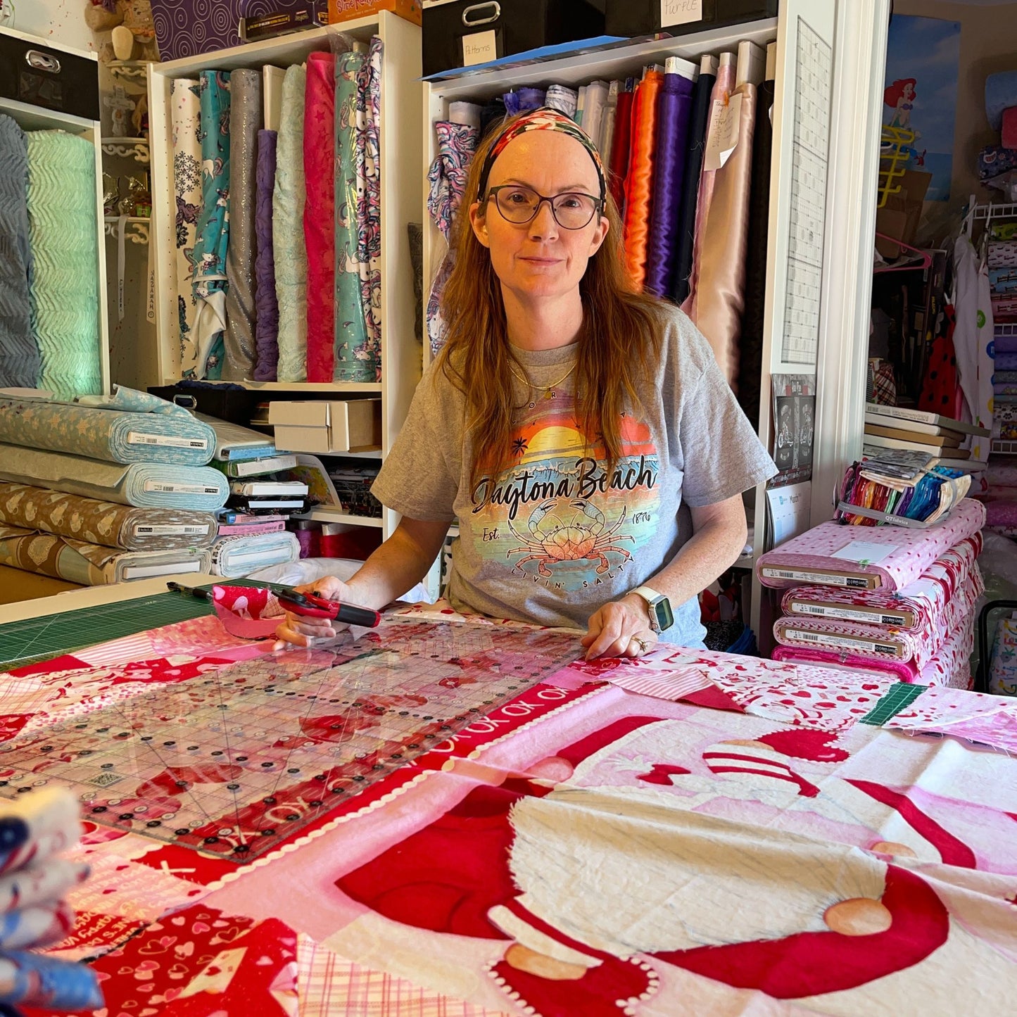 Gnomie Love Gnome Valentine's Day Fabric - Bias Plaid - Cotton Fabric by the Yard (SKU 9786-22)