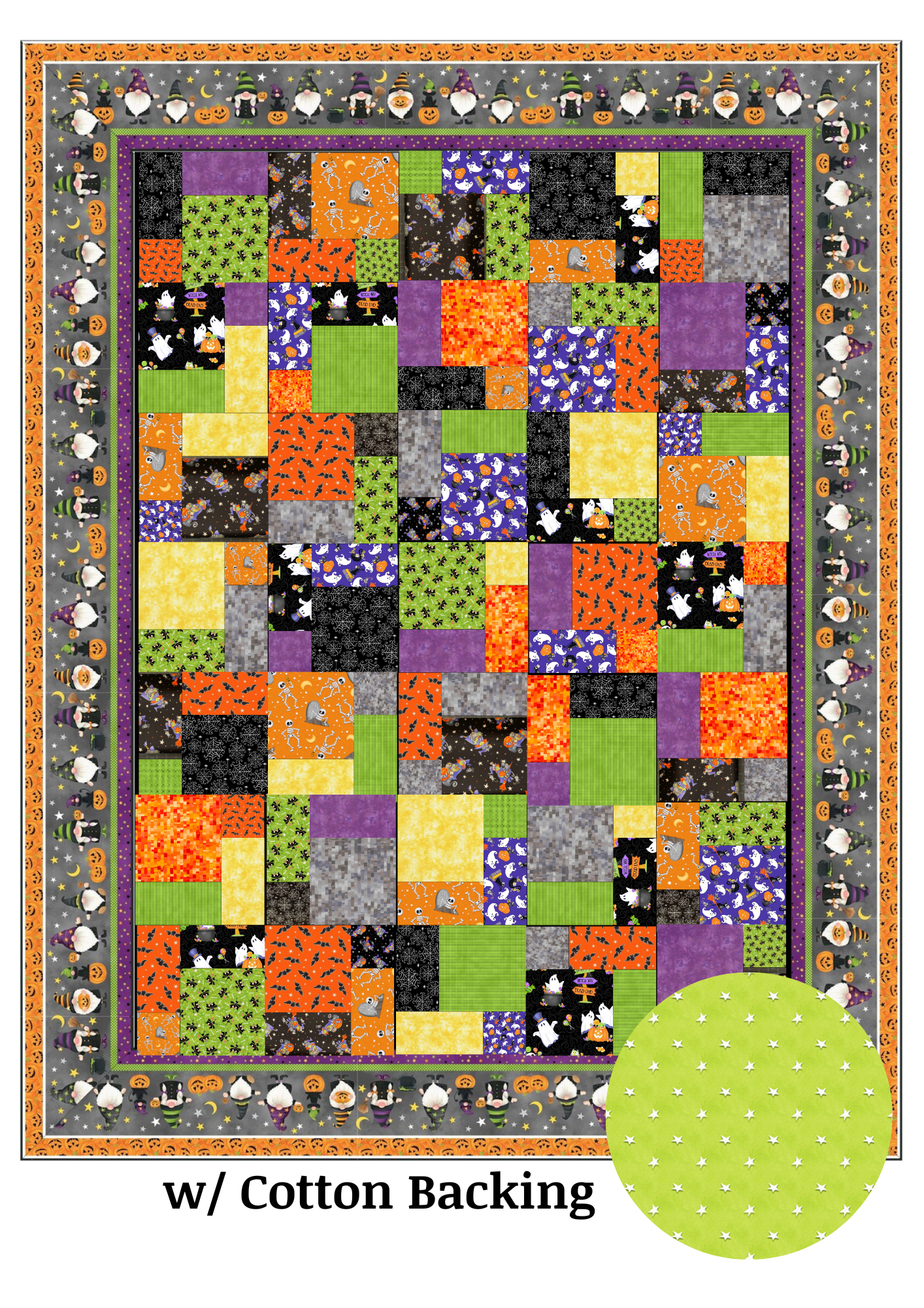 Angels Neverland Quilt Kit Halloween Quilt Kit featuring Northcott Gnomes Night Out Cotton Fabric Border with traditional Halloween Motifs