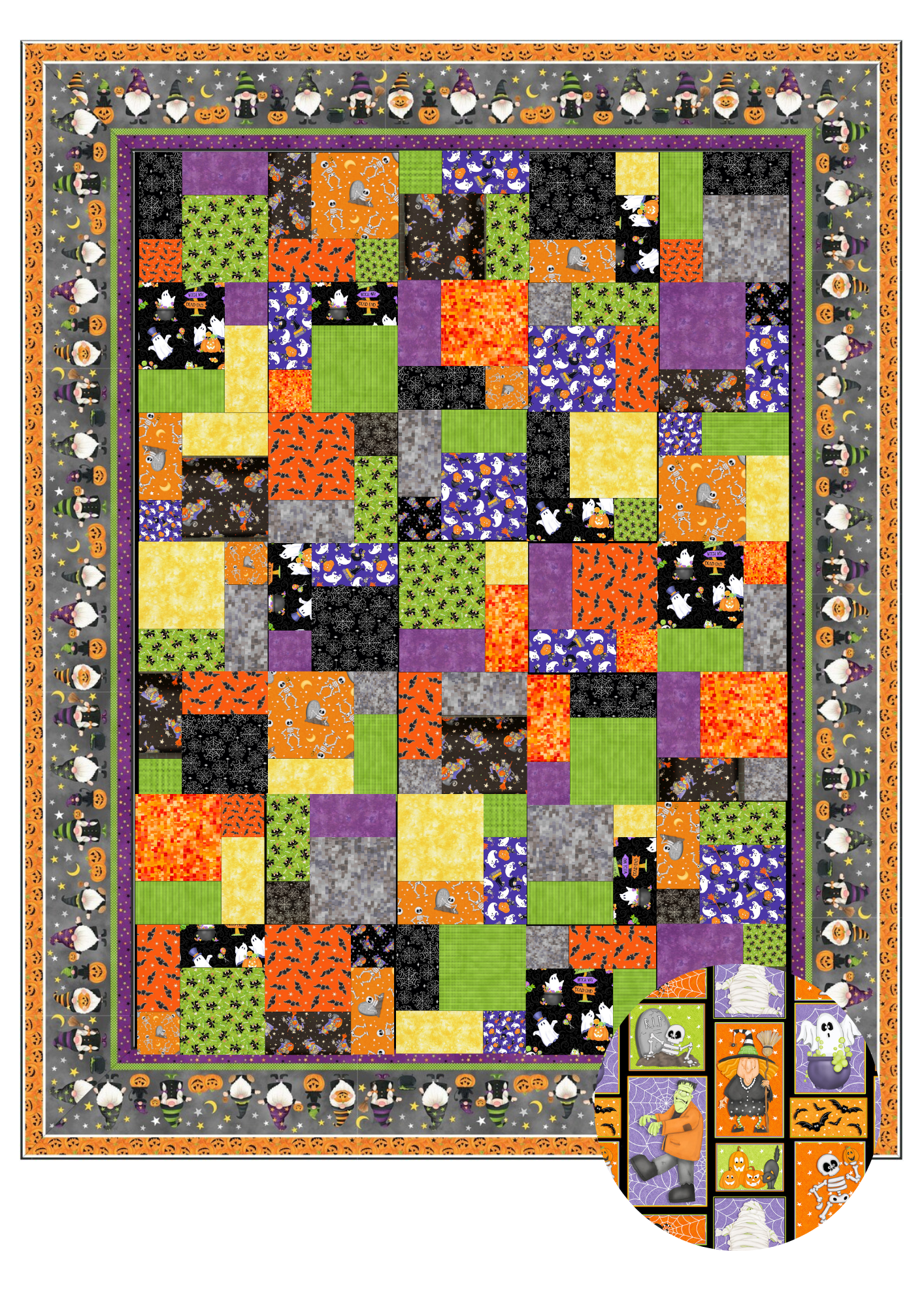 Angels Neverland Quilt Kit Halloween Quilt Kit featuring Northcott Gnomes Night Out Cotton Fabric Border with traditional Halloween Motifs