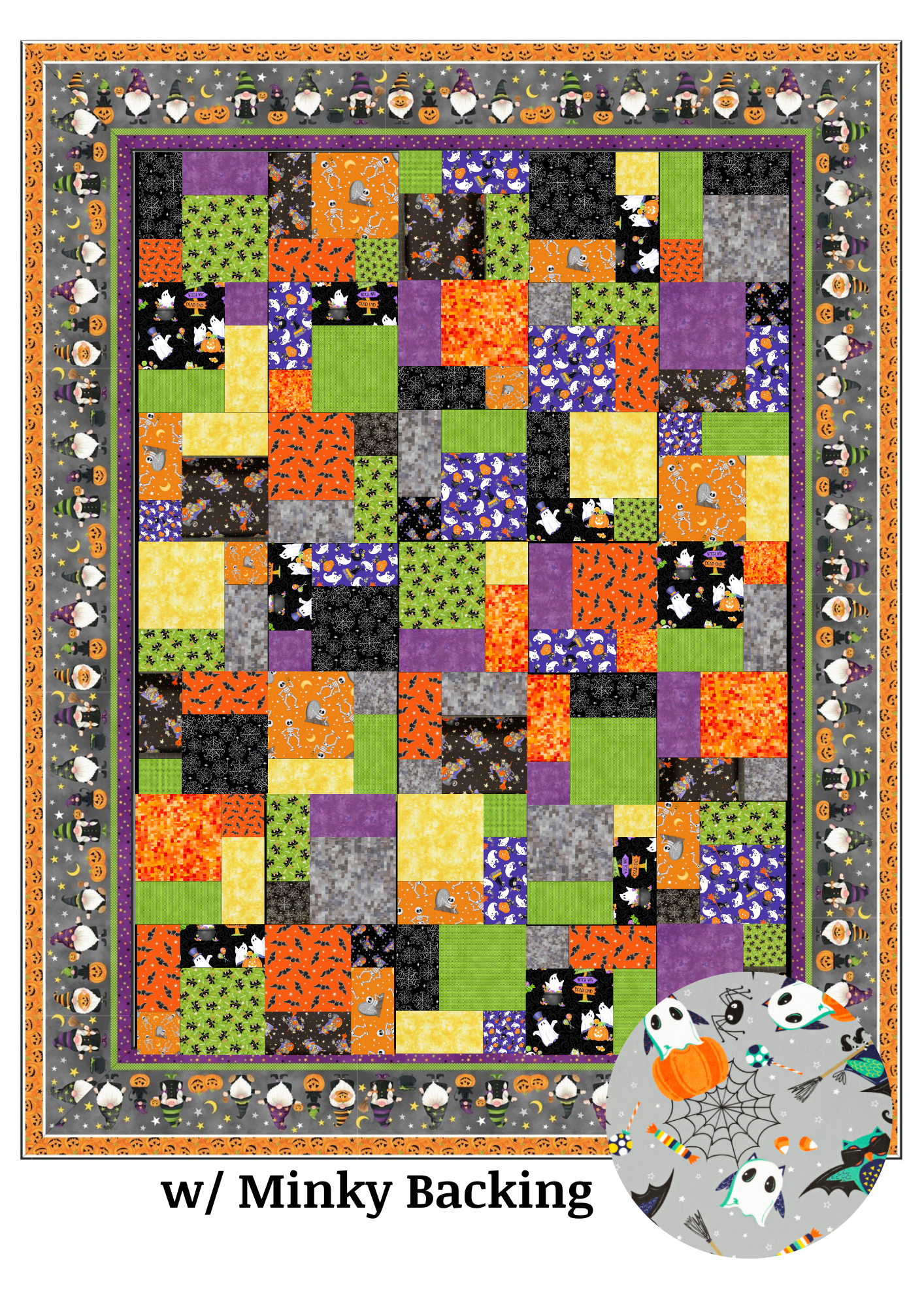 Angels Neverland Quilt Kit Halloween Quilt Kit featuring Northcott Gnomes Night Out Cotton Fabric Border with traditional Halloween Motifs
