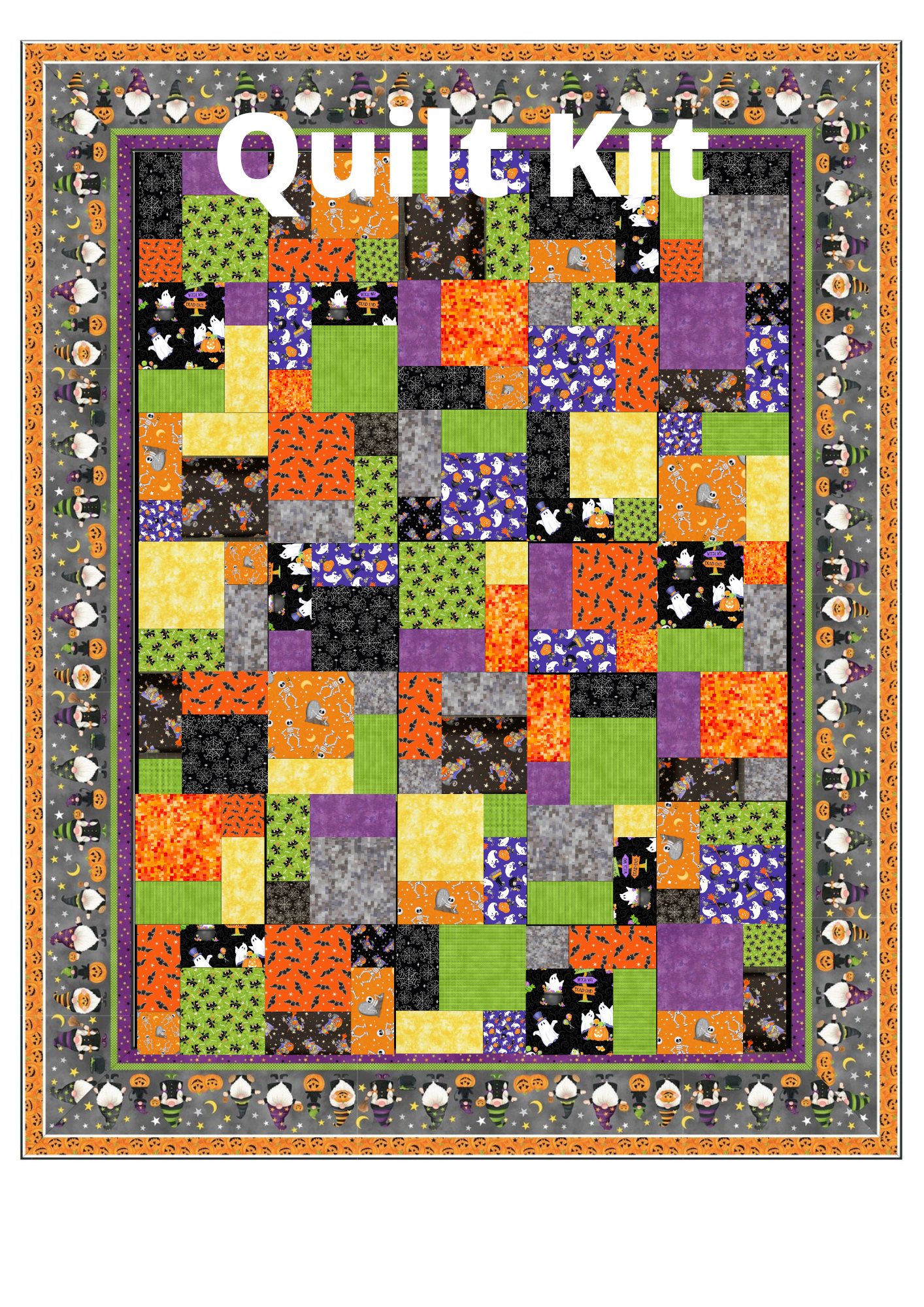 Angels Neverland Quilt Kit Quilt Kit Top & Binding ONLY Halloween Quilt Kit featuring Northcott Gnomes Night Out Cotton Fabric Border with traditional Halloween Motifs