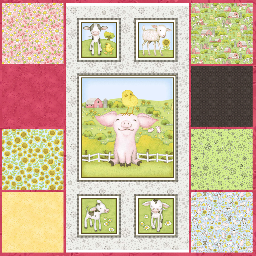 Farm Babies Cotton Fabric Bundle with Panel (FQ, 1/2 yard, 1 yard