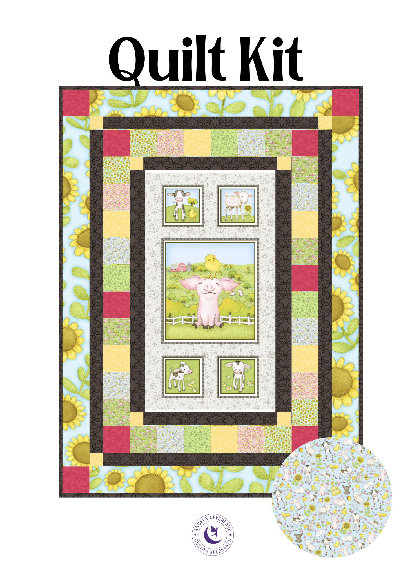 Angelsneverland Quilt Kit Kit w/Backing (4yd Animals) Farm Babies Panel Quilt Kit using Picture This Pattern