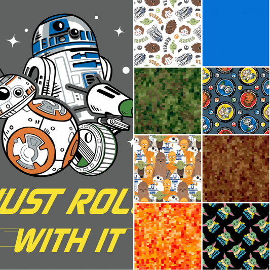 Camelot Fabric Star Wars Fabric BUNDLE Just Roll With It Panel, BB8, R2D2, and DO Star Wars Droids, Star Wars Rise of Skywalker, Licensed Cotton Fabric