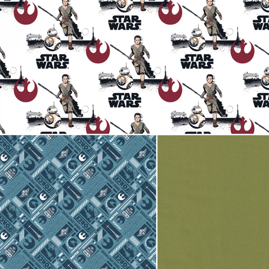 Camelot Fabric Star Wars Fabric, FLANNEL cotton, Licensed Camelot Fabrics, , Blue Star Wars Rebel Gear, Rae & BB8, or Solid Olive Green flannel, rag quilt fabric