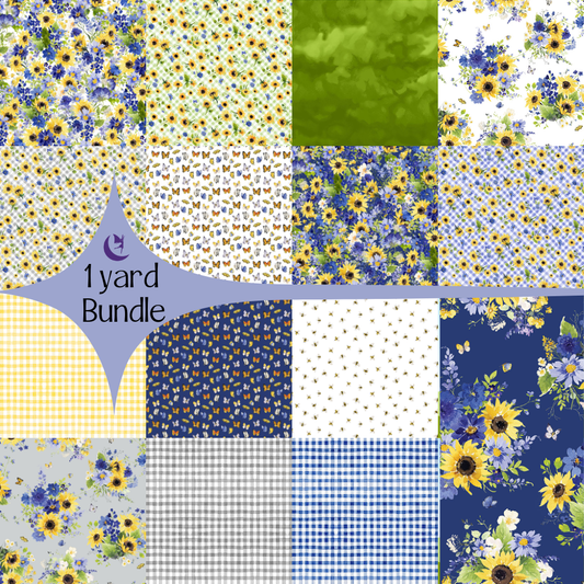 Clothworks fabric bundle Sunflower Bouquets 1 yard Fabric Bundle by Heartherlee Chan (15 pieces)