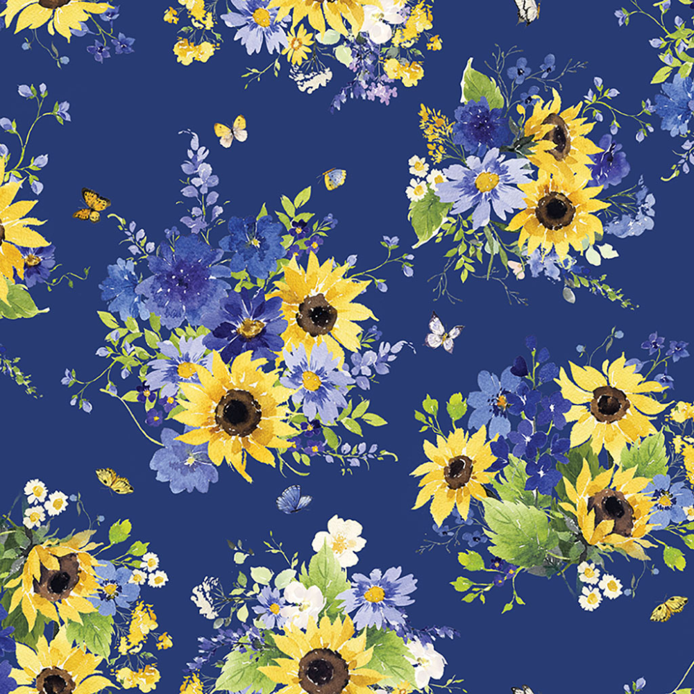 Clothworks Fabric Dark Blue Sunflower Bouquets Digital Tossed Bouquets in Mist Grey, White or Dark Blue