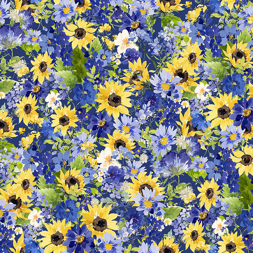 Clothworks Fabric Dark Blue Sunflower Bouquets Packed Flowers in Dark Blue or White By the Yard