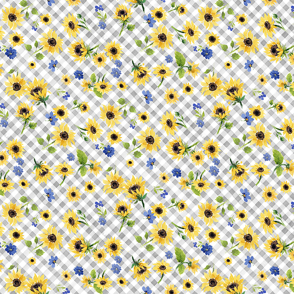 Clothworks Fabric Gray Sunflower Bouquets Floral Check Fabric By the Yard, gray, light green, and periwinkle cotton fabric