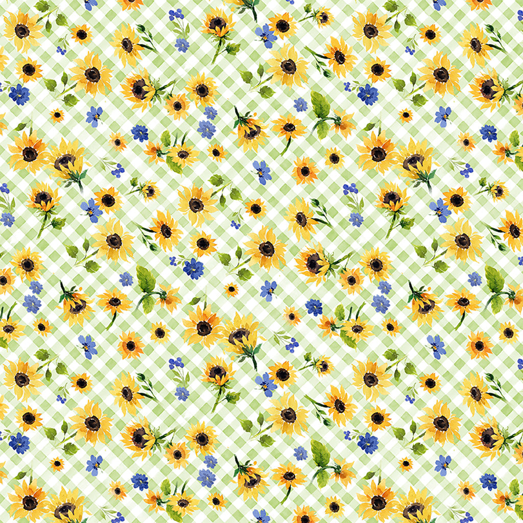 Clothworks Fabric Light Green Sunflower Bouquets Floral Check Fabric By the Yard, gray, light green, and periwinkle cotton fabric