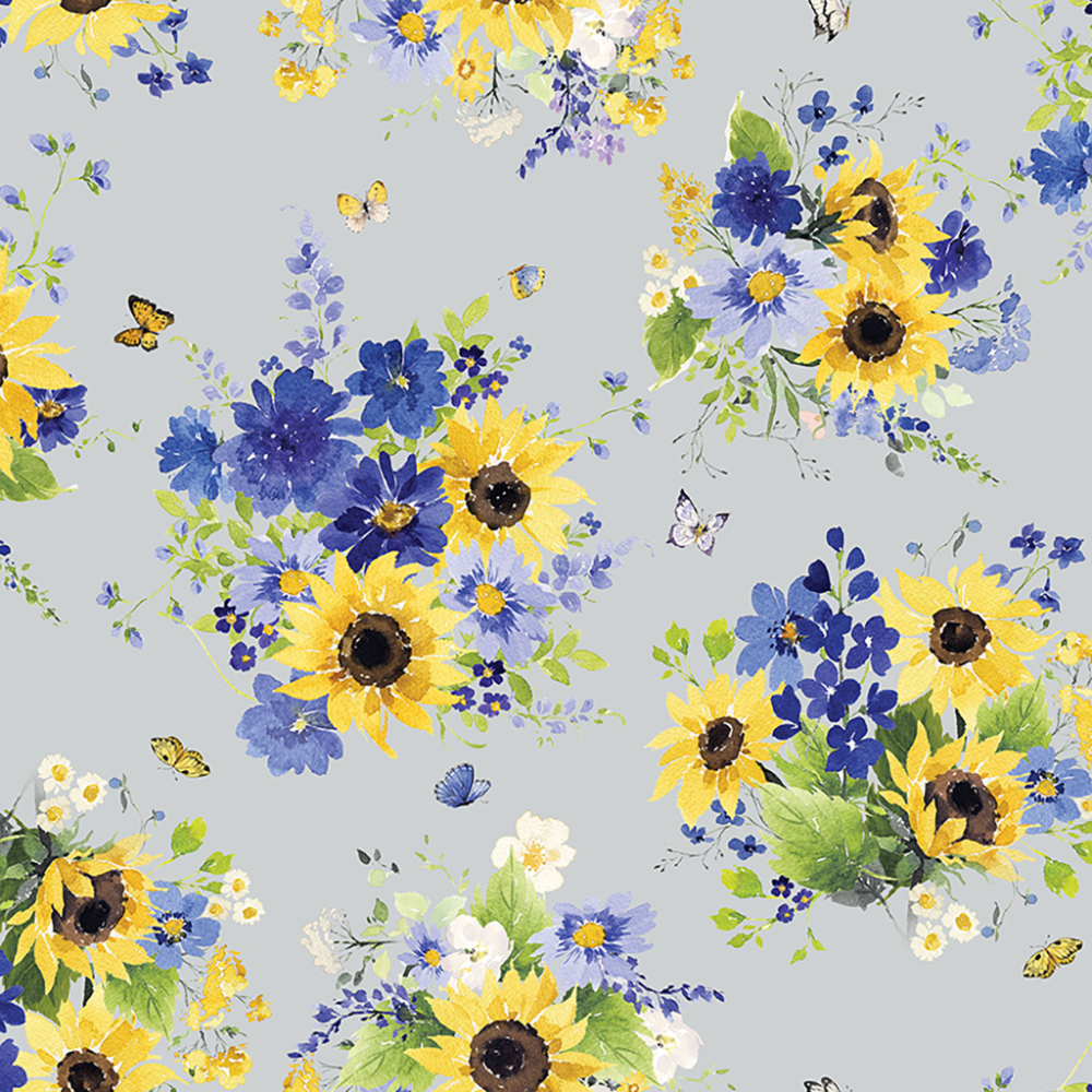 Clothworks Fabric Mist Gray Sunflower Bouquets Digital Tossed Bouquets in Mist Grey, White or Dark Blue