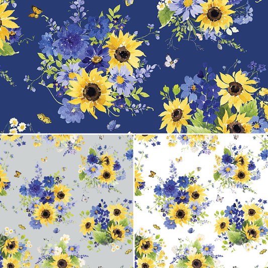 Clothworks Fabric Sunflower Bouquets Digital Tossed Bouquets in Mist Grey, White or Dark Blue