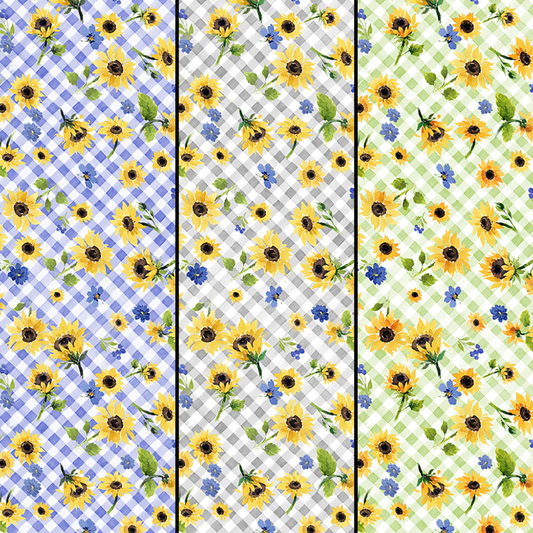 Clothworks Fabric Sunflower Bouquets Floral Check Fabric By the Yard, gray, light green, and periwinkle cotton fabric