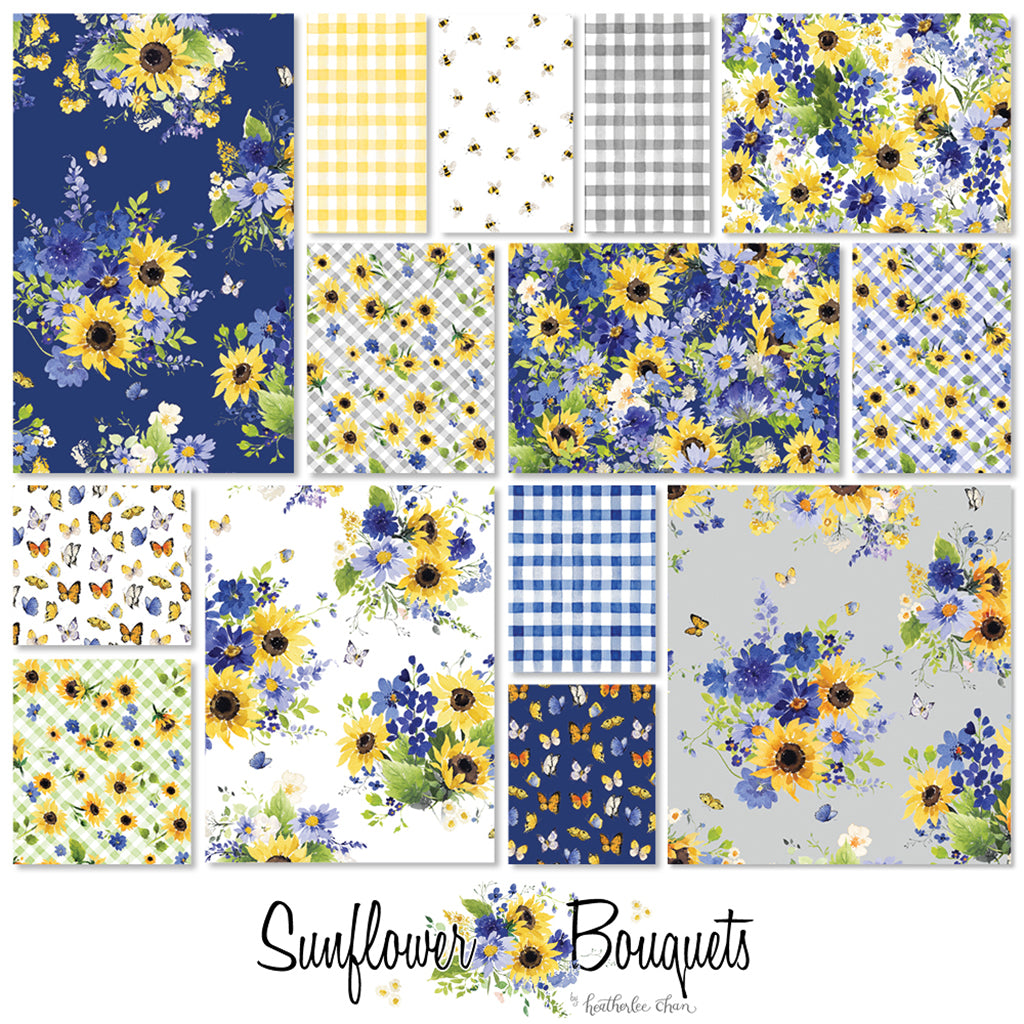 Clothworks Fabric Sunflower Bouquets Gingham Fabric By the Yard, gray, yellow or blue cotton fabric