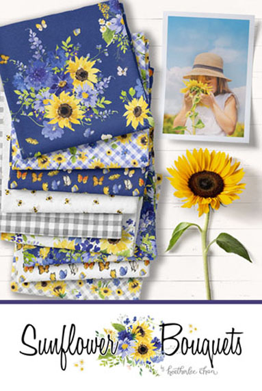 Clothworks Fabric Sunflower Bouquets Gingham Fabric By the Yard, gray, yellow or blue cotton fabric