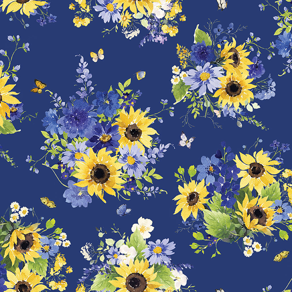 Clothworks Fabric Sunflower Bouquets Gingham Fabric By the Yard, gray, yellow or blue cotton fabric