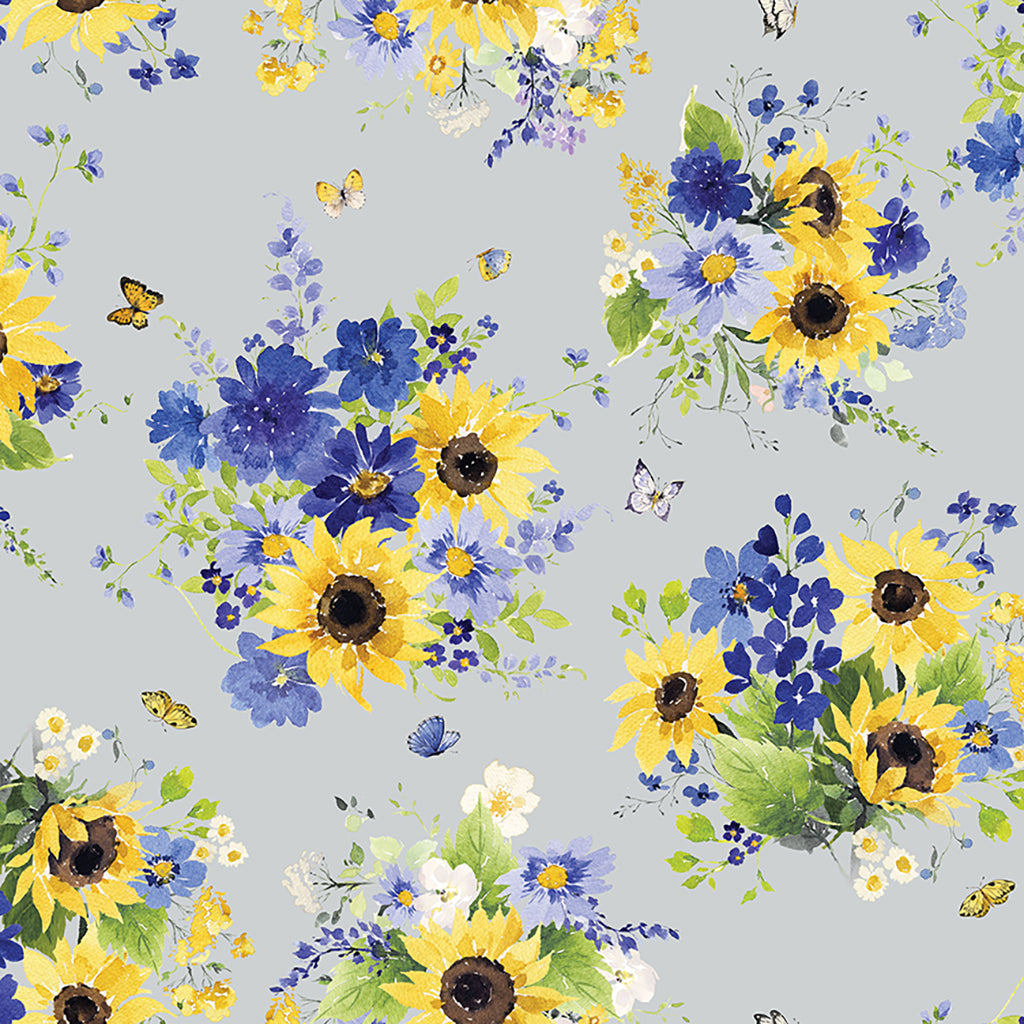 Clothworks Fabric Sunflower Bouquets Gingham Fabric By the Yard, gray, yellow or blue cotton fabric