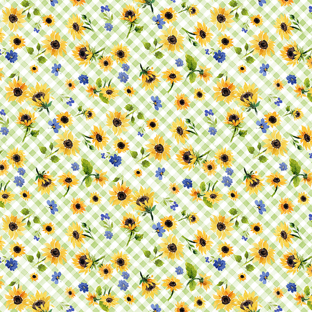 Clothworks Fabric Sunflower Bouquets Gingham Fabric By the Yard, gray, yellow or blue cotton fabric