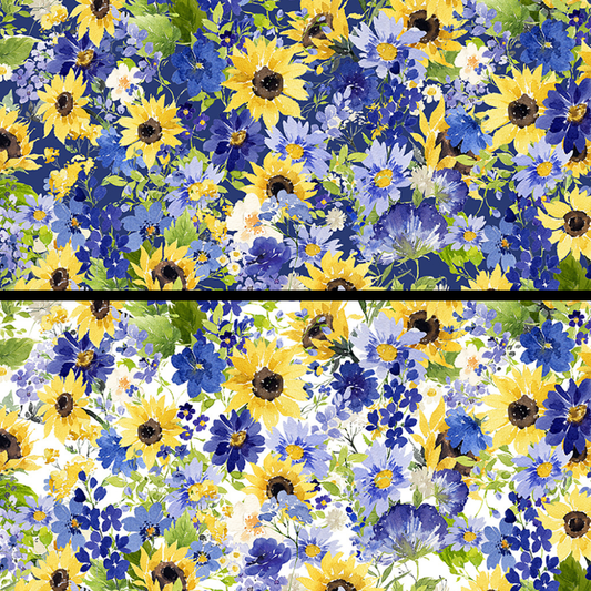 Clothworks Fabric Sunflower Bouquets Packed Flowers in Dark Blue or White By the Yard