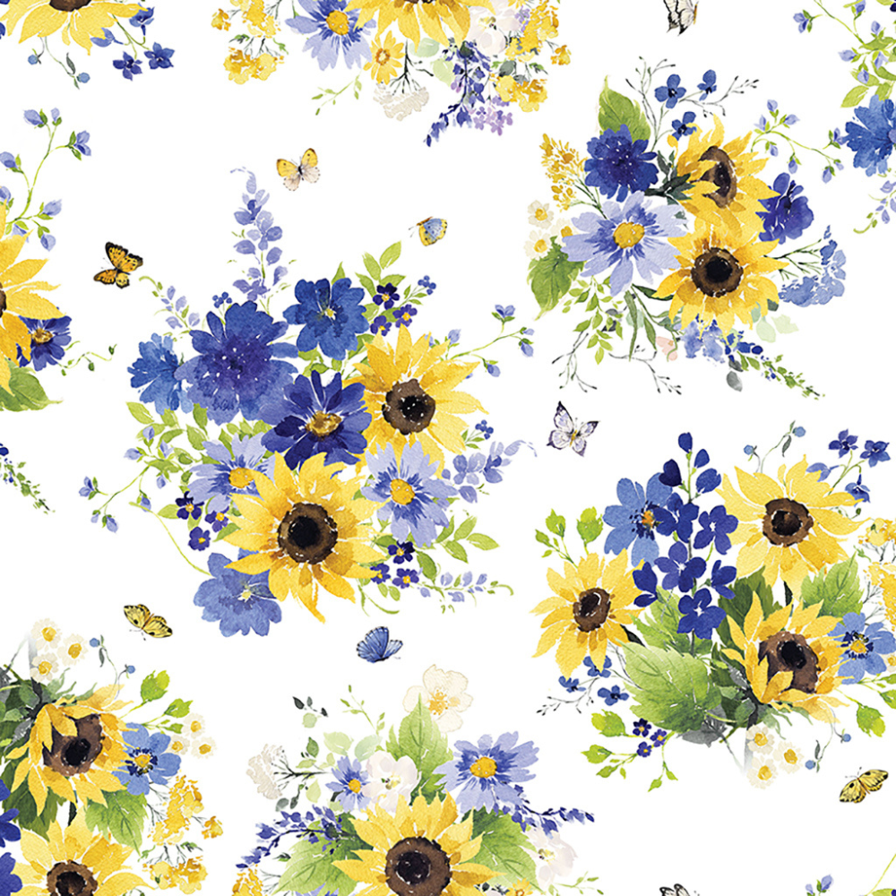 Clothworks Fabric White Sunflower Bouquets Digital Tossed Bouquets in Mist Grey, White or Dark Blue