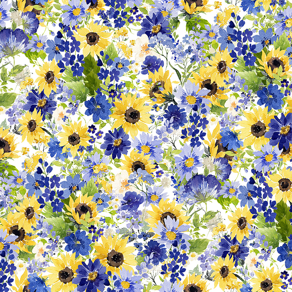 Clothworks Fabric White Sunflower Bouquets Packed Flowers in Dark Blue or White By the Yard